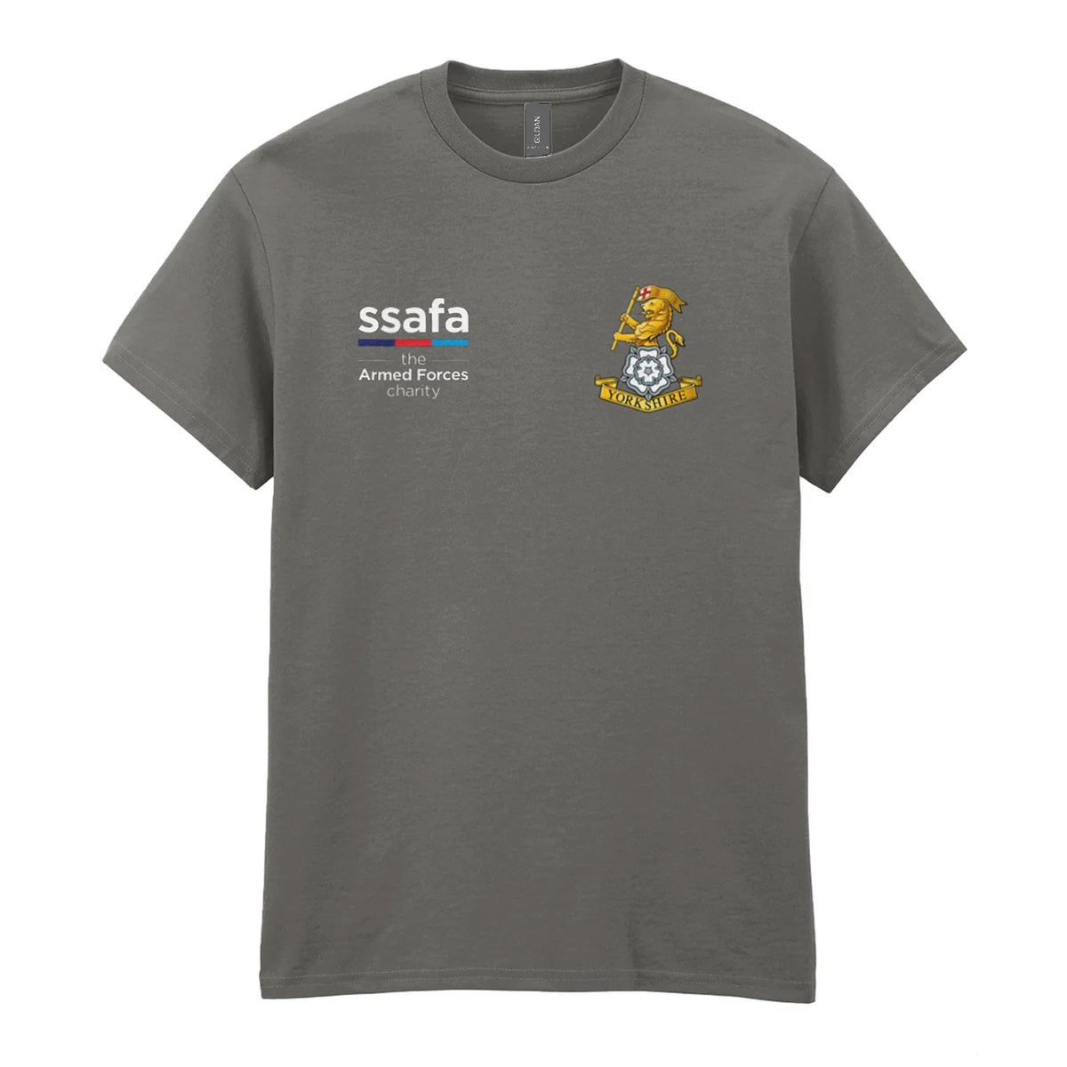 A charcoal t-shirt showing a MOD licensed Yorkshire Regiment insignia to left chest and SSAFA logo to right chest.