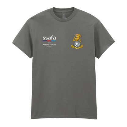 A charcoal t-shirt showing a MOD licensed Yorkshire Regiment insignia to left chest and SSAFA logo to right chest.