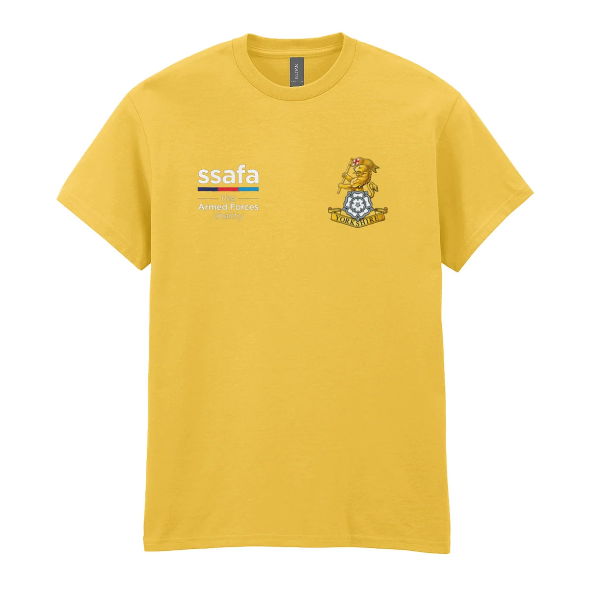 A daisy yellow t-shirt showing a MOD licensed Yorkshire Regiment insignia to left chest and SSAFA logo to right chest.