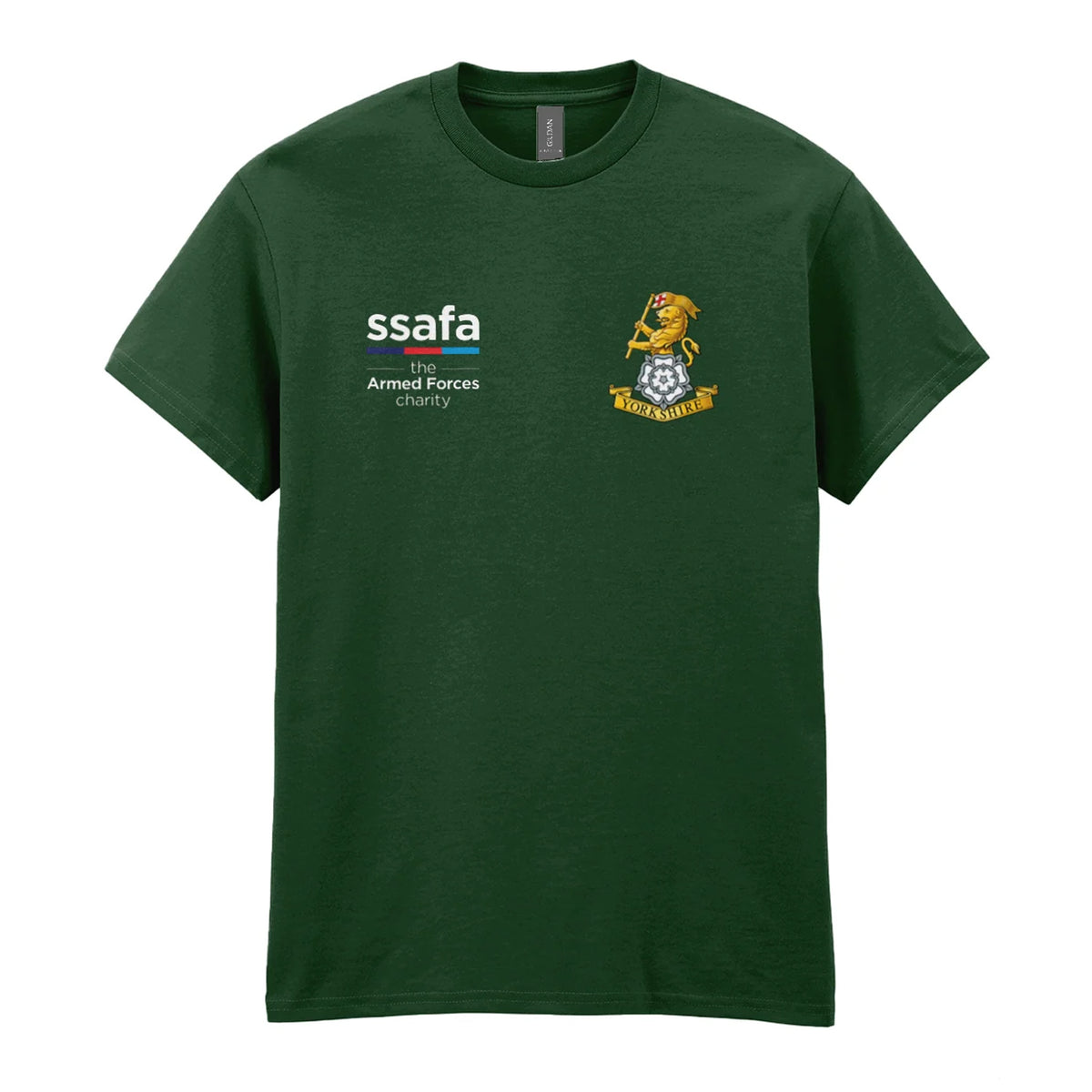 A forest green t-shirt showing a MOD licensed Yorkshire Regiment insignia to left chest and SSAFA logo to right chest.