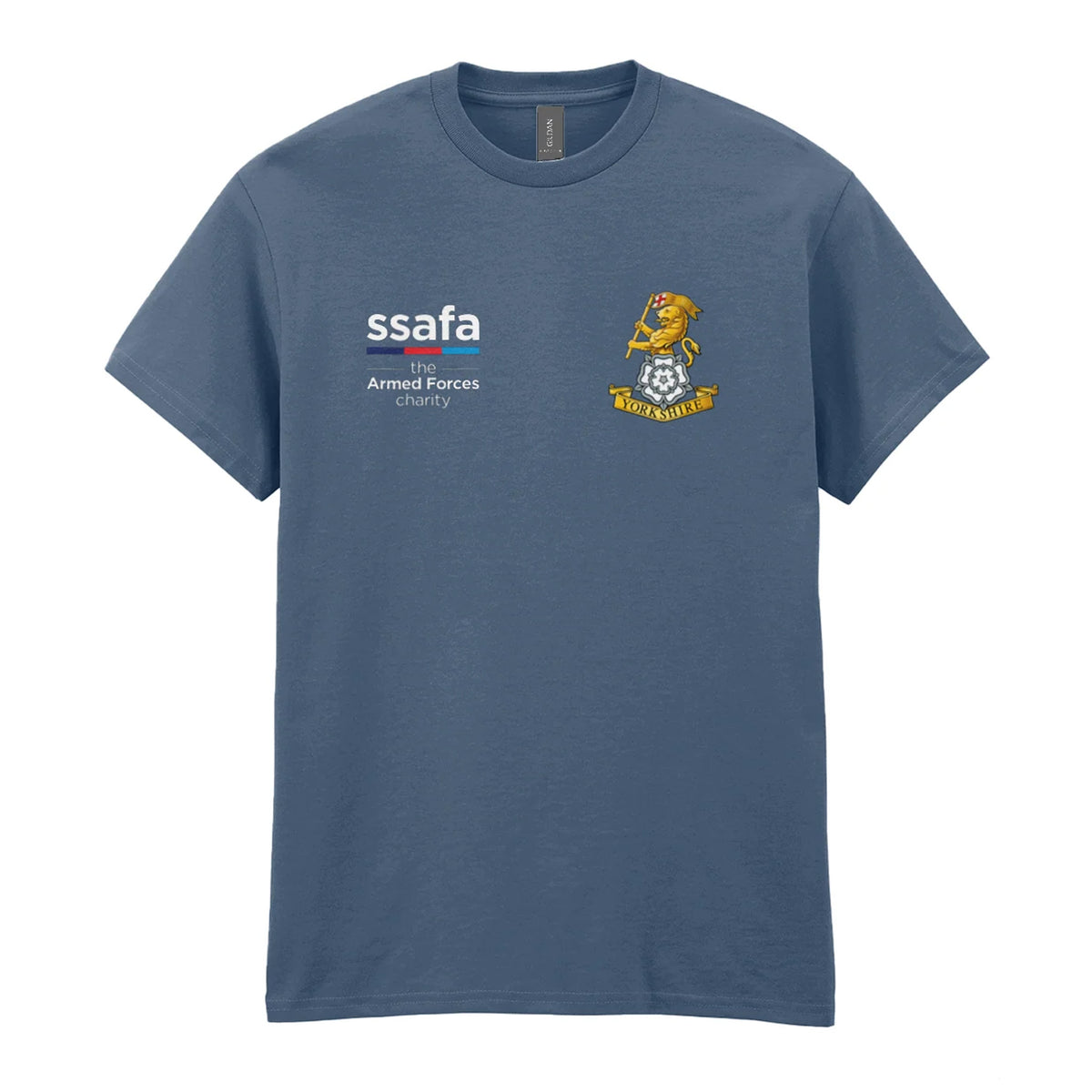 An indigo blue t-shirt showing a MOD licensed Yorkshire Regiment insignia to left chest and SSAFA logo to right chest.