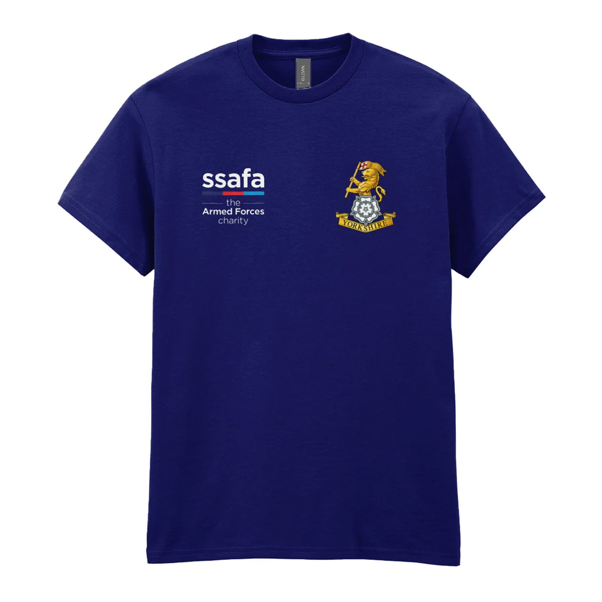 A navy t-shirt showing a MOD licensed Yorkshire Regiment insignia to left chest and SSAFA logo to right chest.
