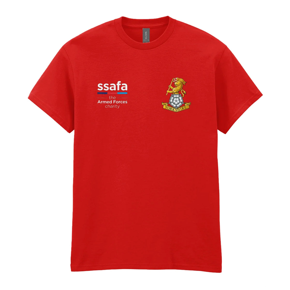 A red t-shirt showing a MOD licensed Yorkshire Regiment insignia to left chest and SSAFA logo to right chest.