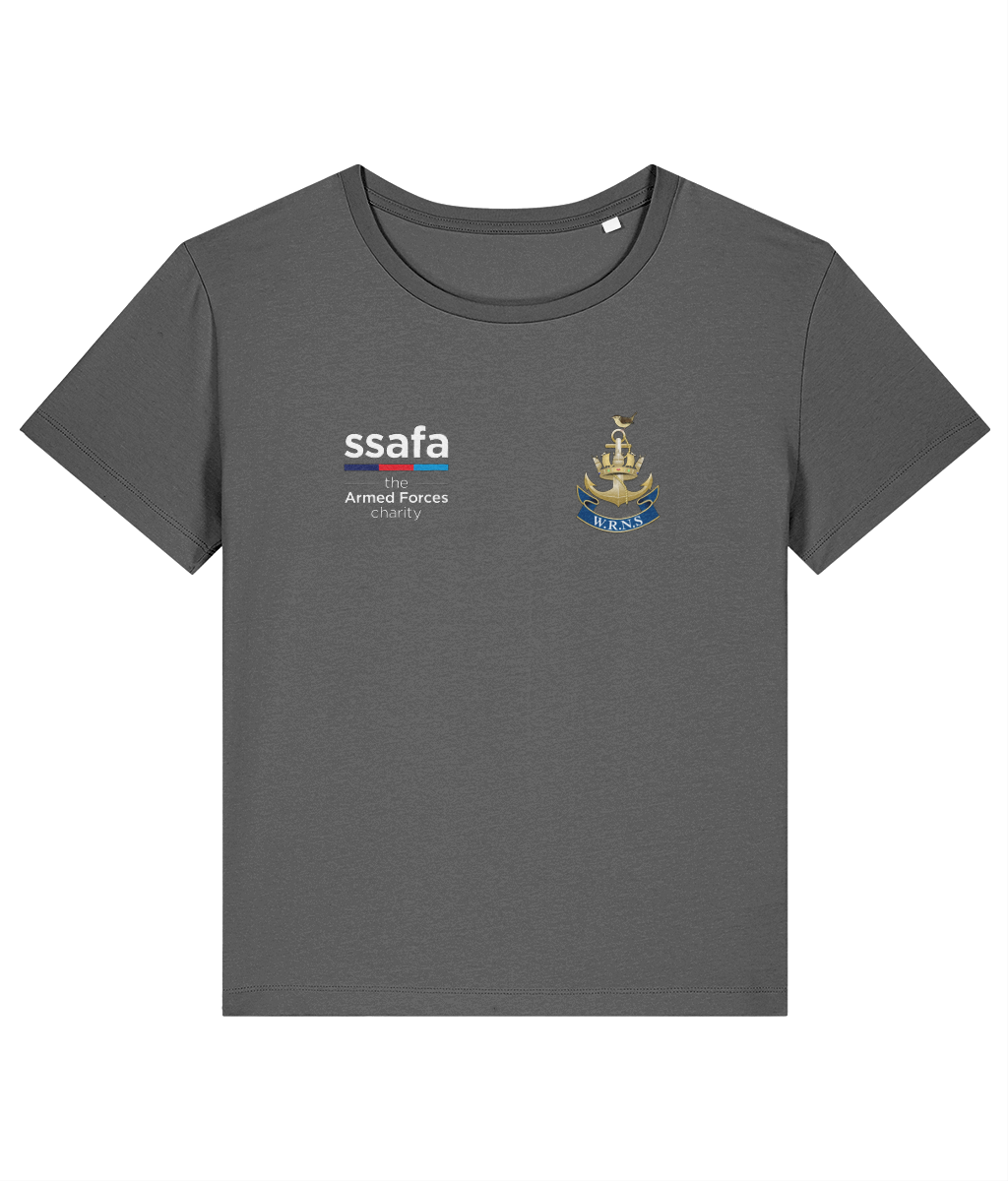 An anthracite women's t-shirt showing an MOD licensed Women's Royal Naval Service (WRNS) Insignia to left chest and SSAFA logo to right chest.