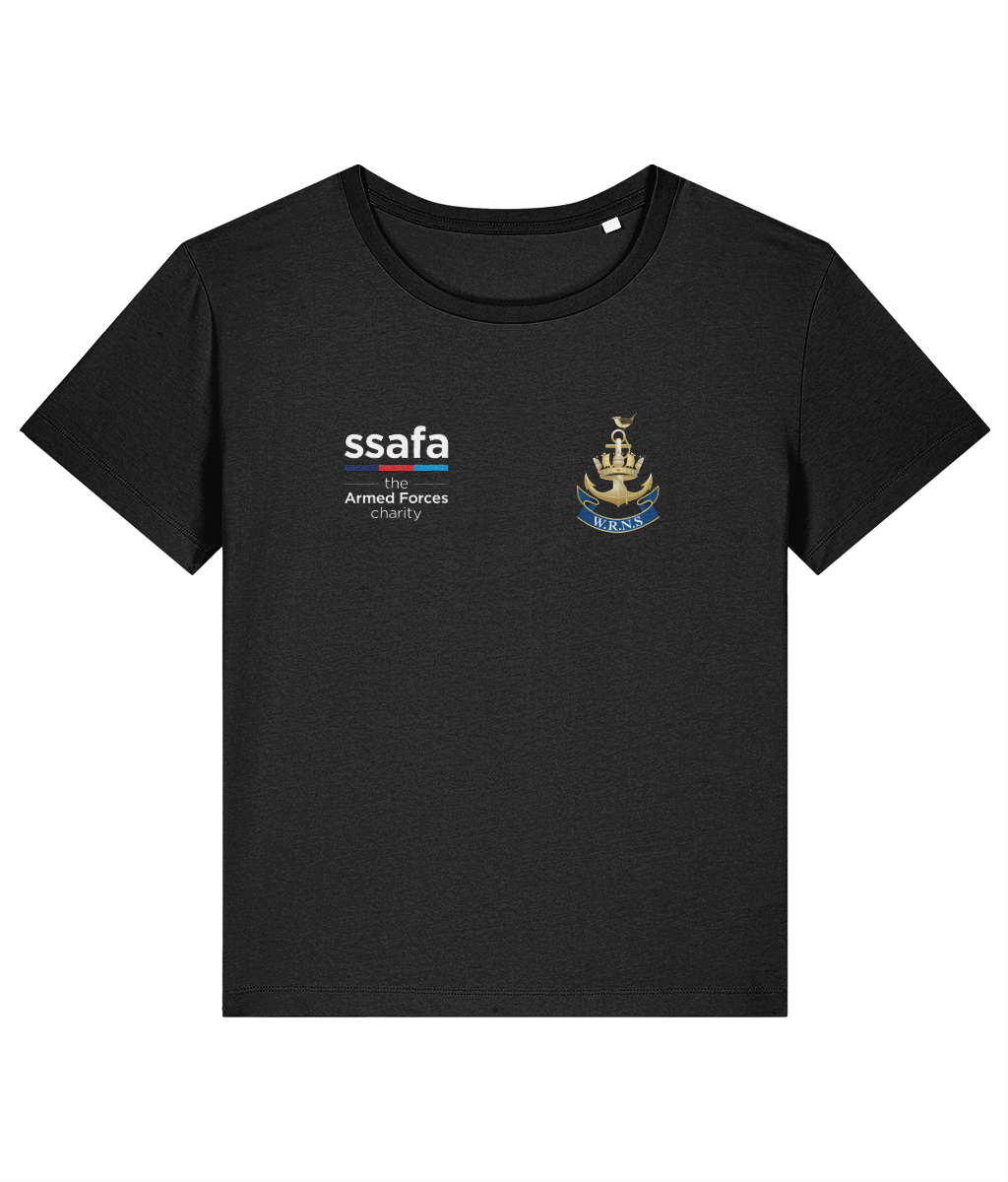 A black women's t-shirt showing an MOD licensed Women's Royal Naval Service (WRNS) Insignia to left chest and SSAFA logo to right chest.
