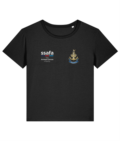 A black women's t-shirt showing an MOD licensed Women's Royal Naval Service (WRNS) Insignia to left chest and SSAFA logo to right chest.