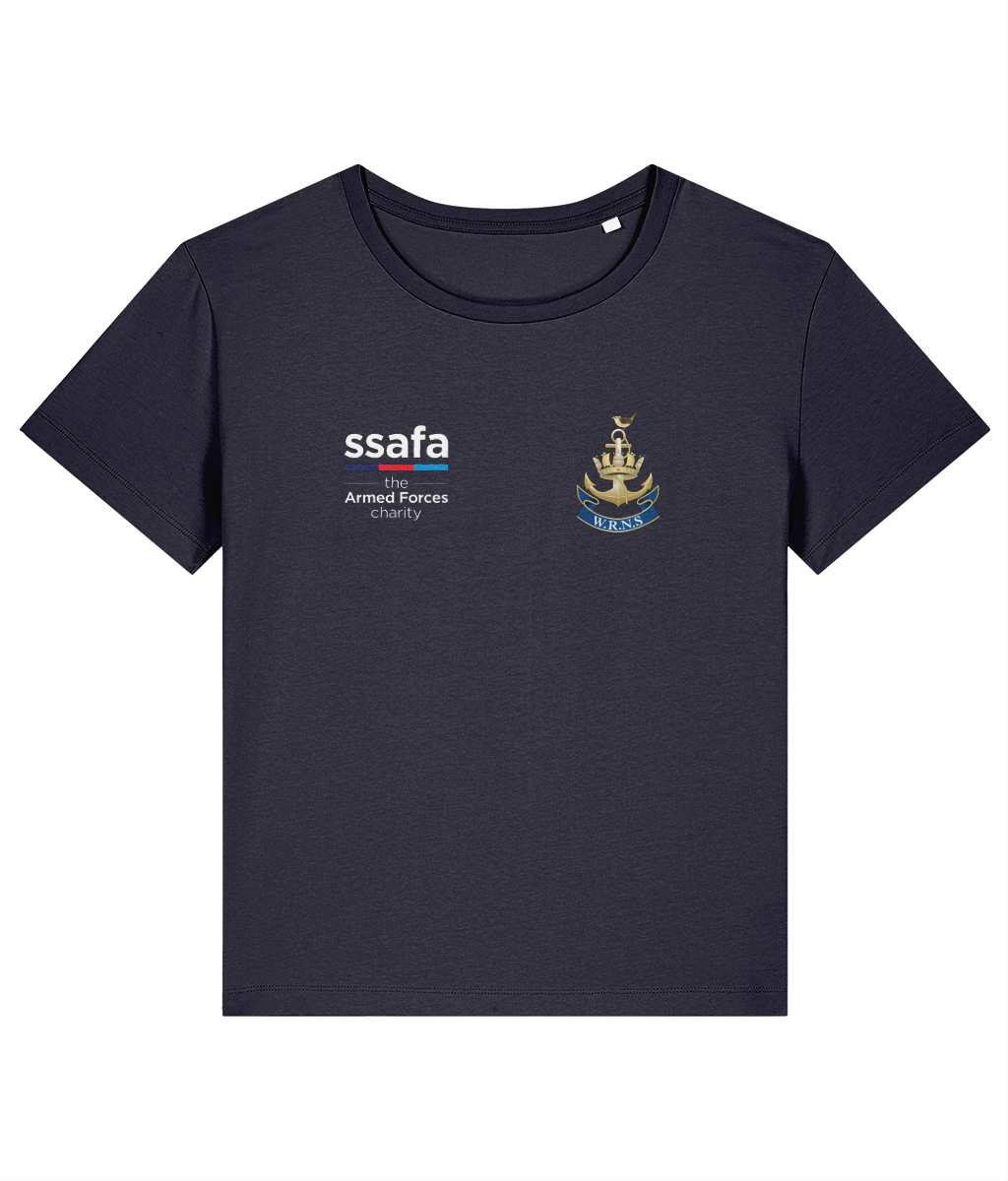 A french navy women's t-shirt showing an MOD licensed Women's Royal Naval Service (WRNS) Insignia to left chest and SSAFA logo to right chest.