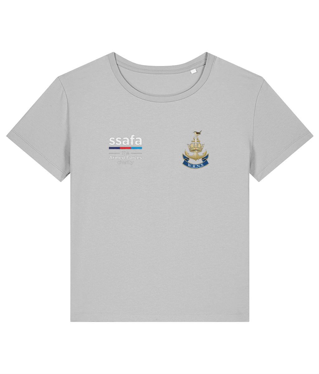 A heather grey women's t-shirt showing an MOD licensed Women's Royal Naval Service (WRNS) Insignia to left chest and SSAFA logo to right chest.