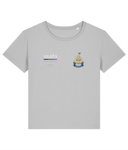 A heather grey women's t-shirt showing an MOD licensed Women's Royal Naval Service (WRNS) Insignia to left chest and SSAFA logo to right chest.
