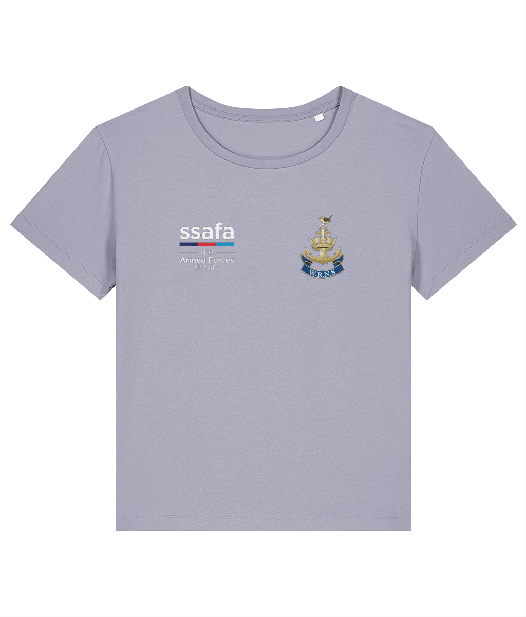 A lavender women's t-shirt showing an MOD licensed Women's Royal Naval Service (WRNS) Insignia to left chest and SSAFA logo to right chest.