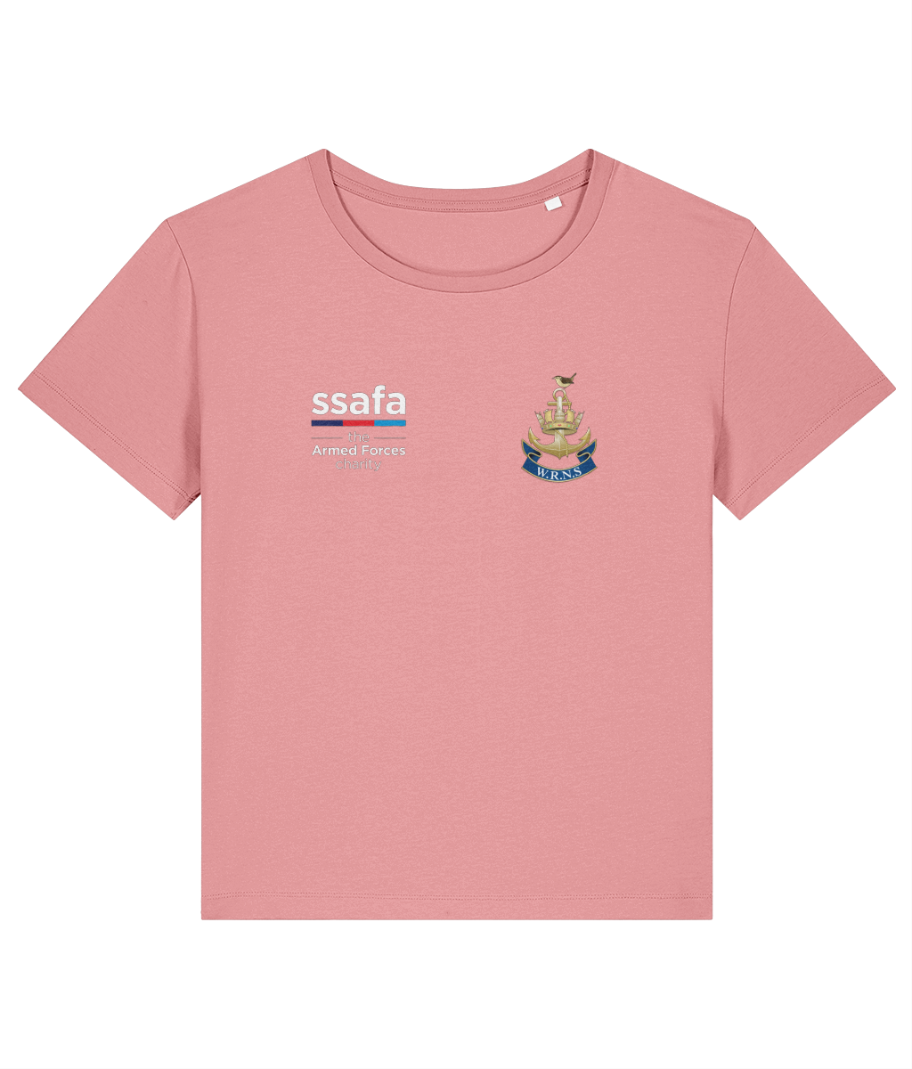 A pink joy women's t-shirt showing an MOD licensed Women's Royal Naval Service (WRNS) Insignia to left chest and SSAFA logo to right chest.