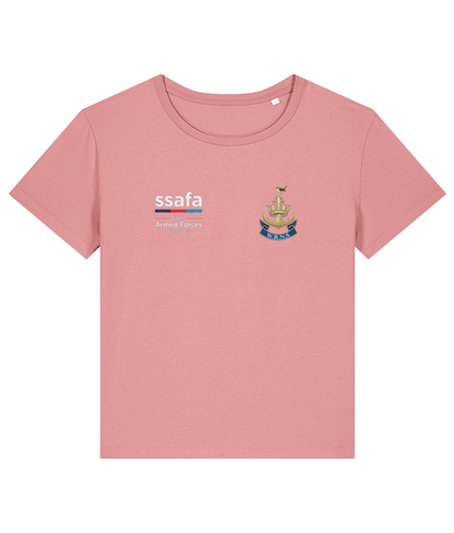 A pink joy women's t-shirt showing an MOD licensed Women's Royal Naval Service (WRNS) Insignia to left chest and SSAFA logo to right chest.