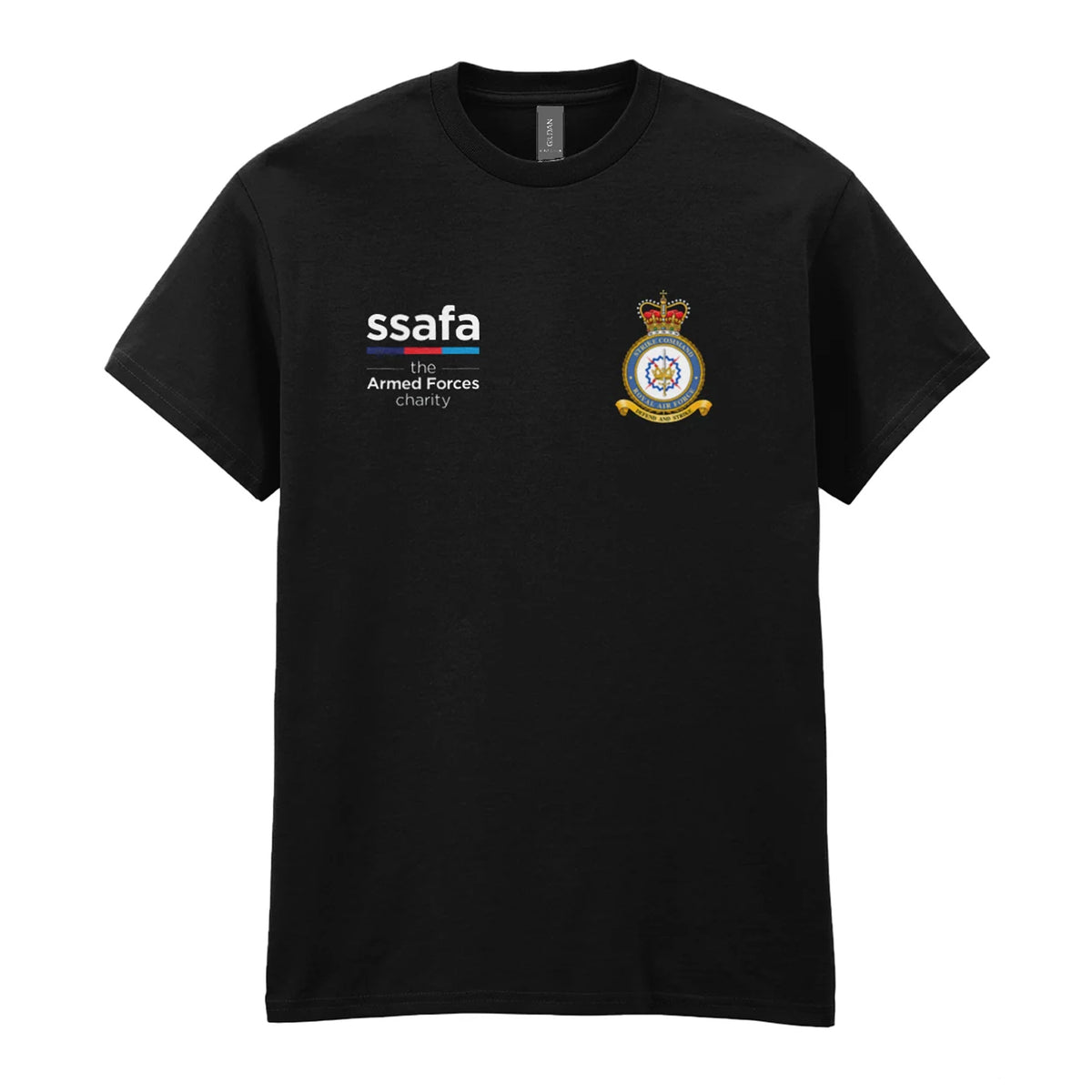 A black t-shirt showing an MOD licensed RAF Strike Command (Queen's Crown) insignia to left chest and SSAFA logo to right chest.