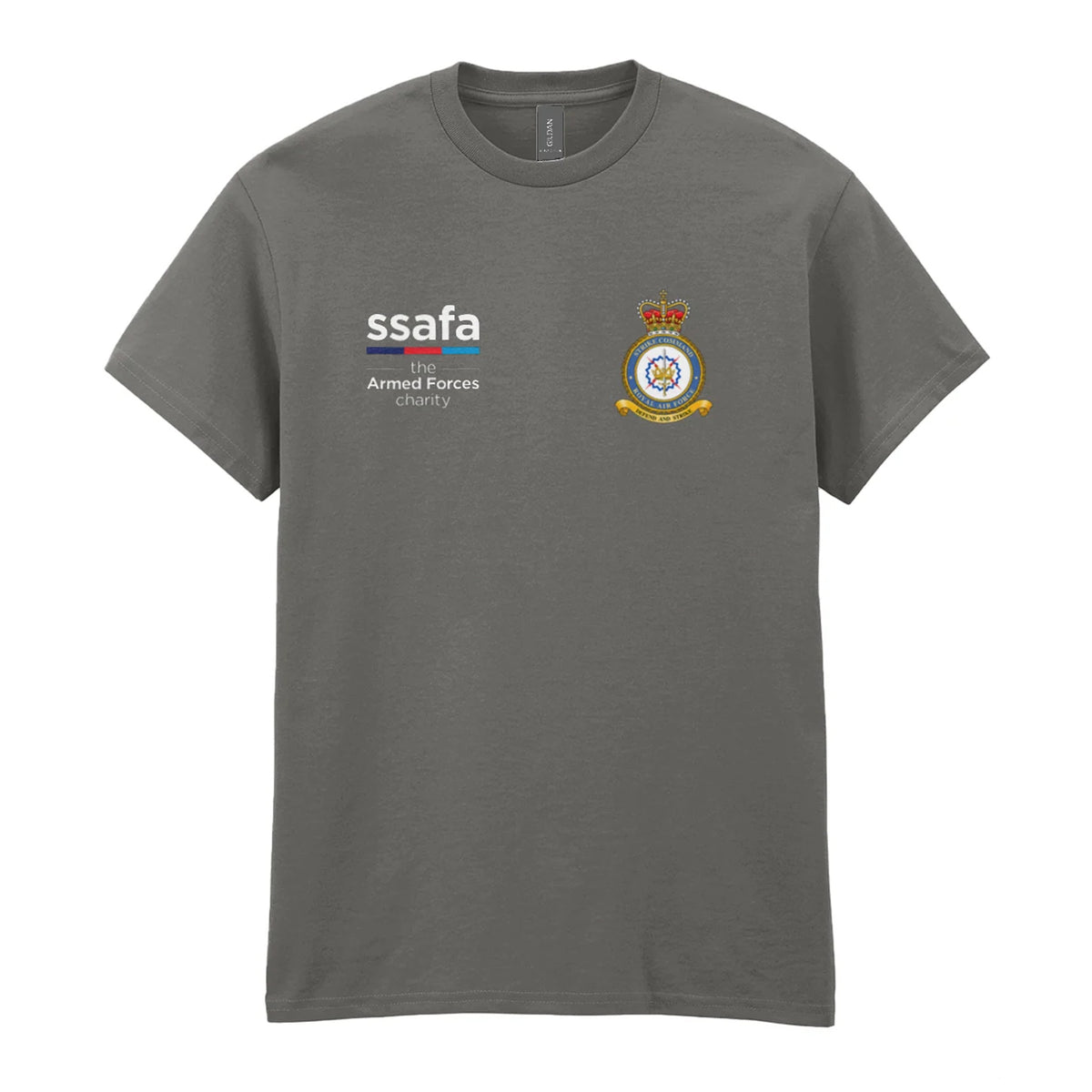 A charcoal t-shirt showing an MOD licensed RAF Strike Command (Queen's Crown) insignia to left chest and SSAFA logo to right chest.