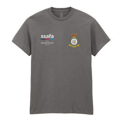 A charcoal t-shirt showing an MOD licensed RAF Strike Command (Queen's Crown) insignia to left chest and SSAFA logo to right chest.