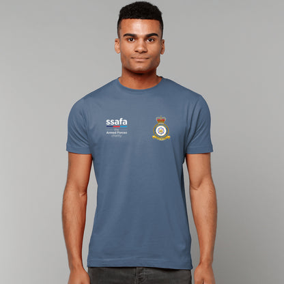 A man wearing an indigo blue t-shirt showing an MOD licensed RAF Strike Command (Queen's Crown) insignia to left chest and SSAFA logo to right chest.