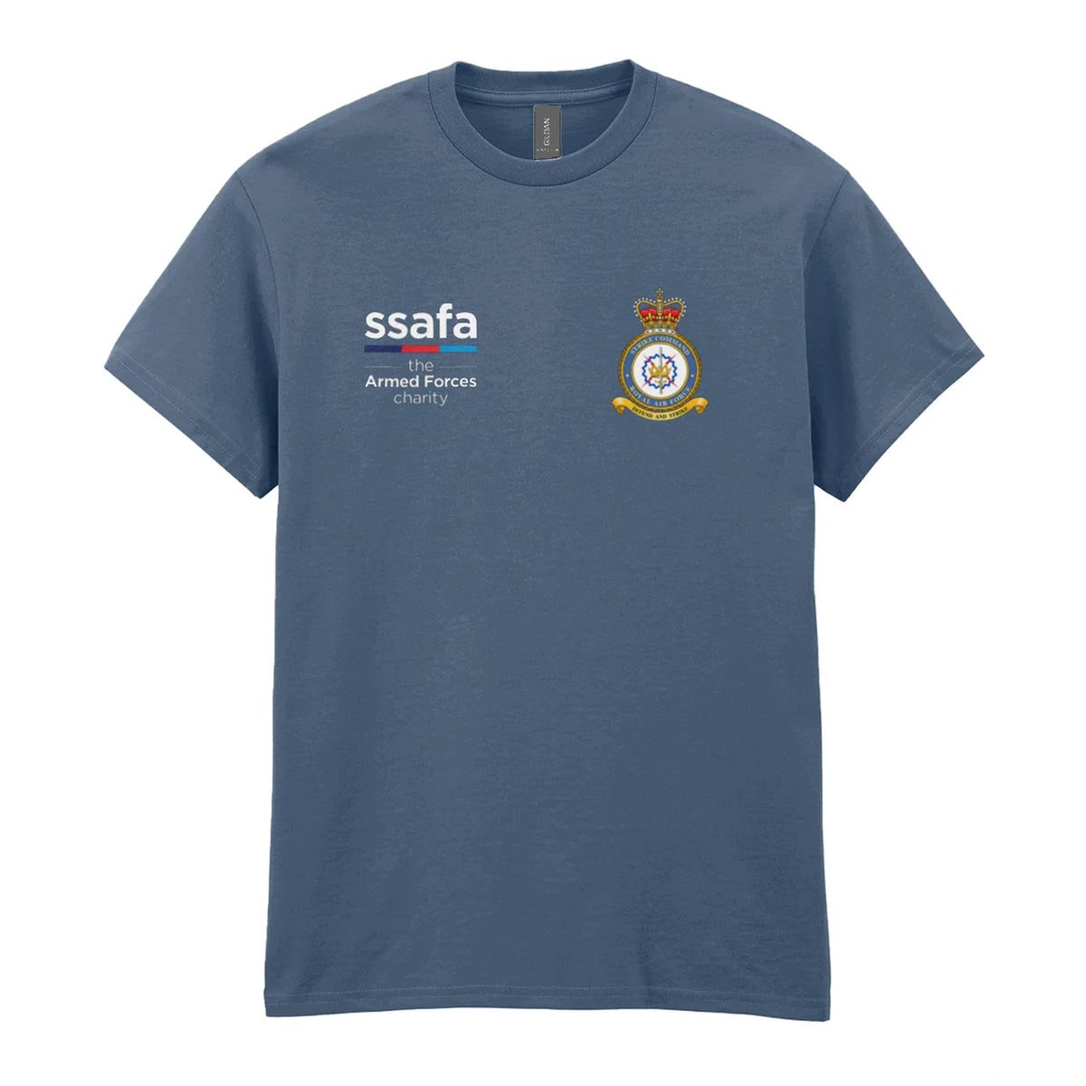 An indigo blue t-shirt showing an MOD licensed RAF Strike Command (Queen's Crown) insignia to left chest and SSAFA logo to right chest.