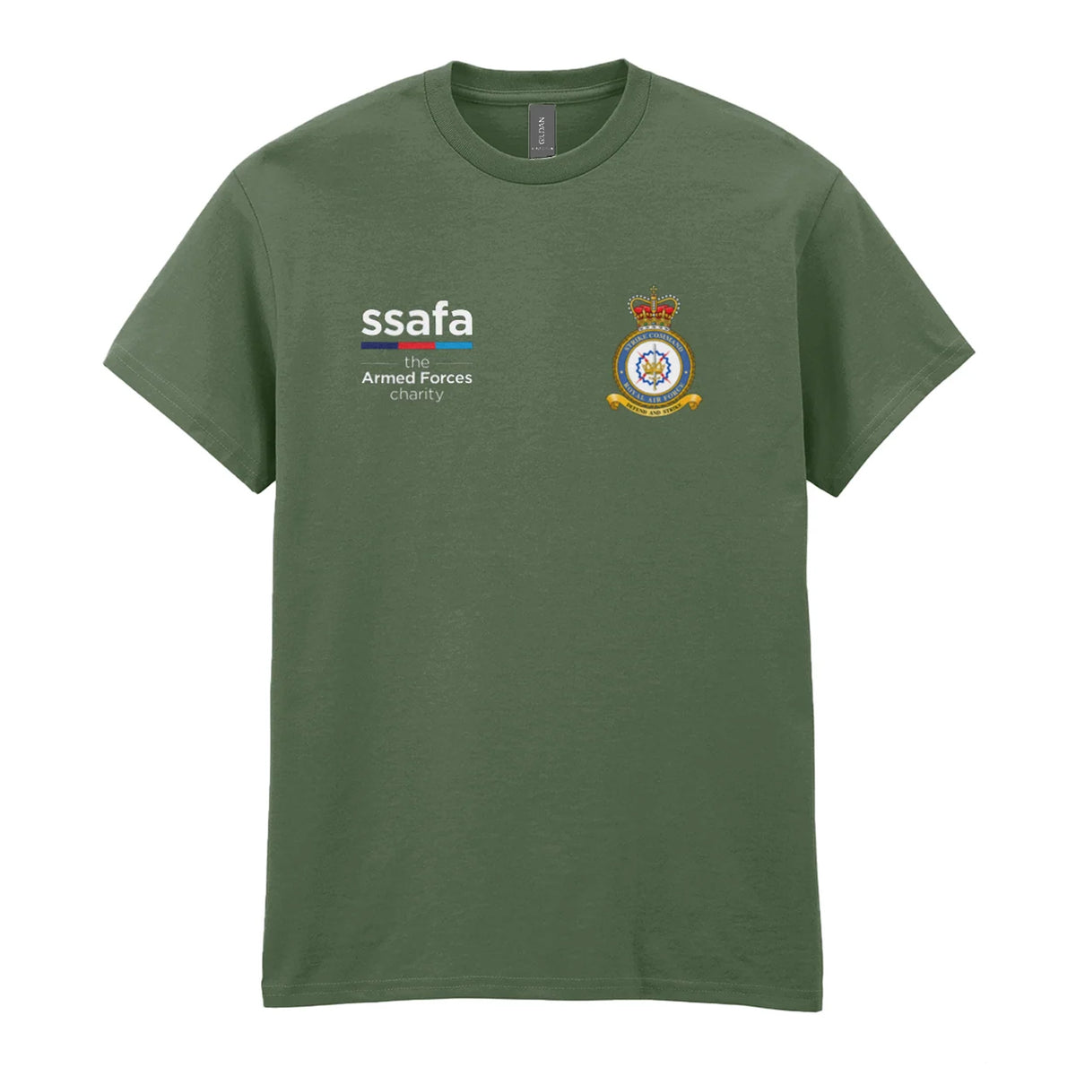 A military green t-shirt showing an MOD licensed RAF Strike Command (Queen's Crown) insignia to left chest and SSAFA logo to right chest.