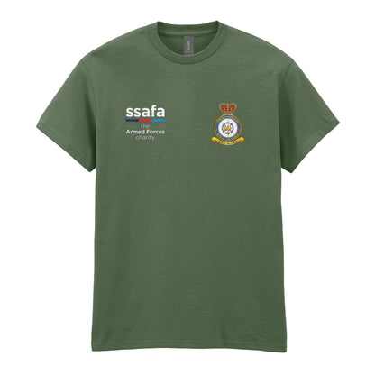 A military green t-shirt showing an MOD licensed RAF Strike Command (Queen's Crown) insignia to left chest and SSAFA logo to right chest.