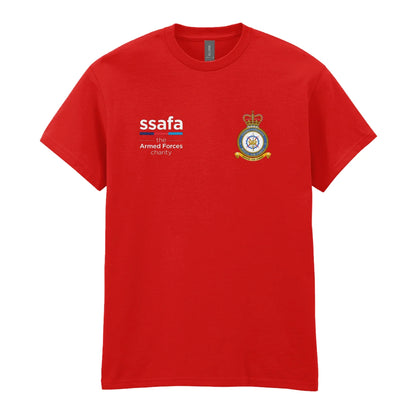 A red t-shirt showing an MOD licensed RAF Strike Command (Queen's Crown) insignia to left chest and SSAFA logo to right chest.