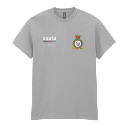 A sports grey t-shirt showing an MOD licensed RAF Strike Command (Queen's Crown) insignia to left chest and SSAFA logo to right chest.