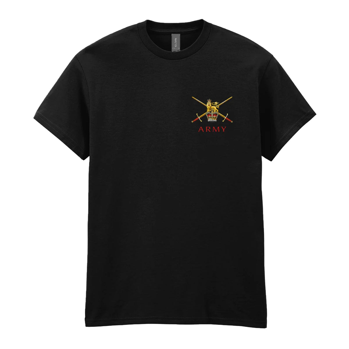 A black t-shirt showing an MOD licensed British Army (Queen's Crown) insignia to left chest.