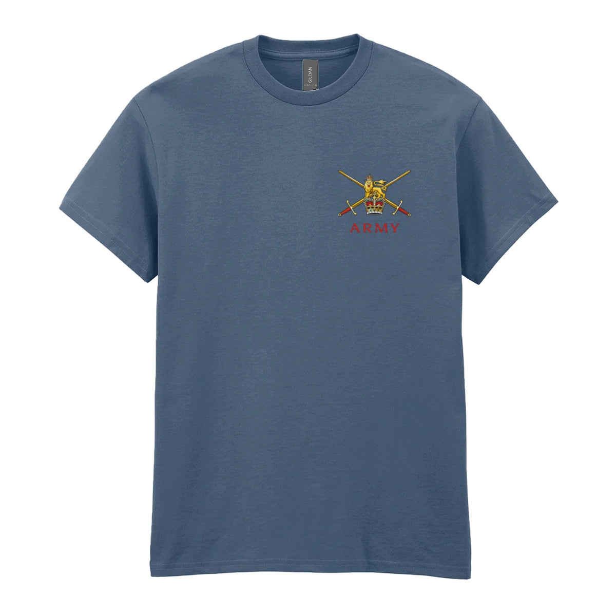 An indigo blue t-shirt showing an MOD licensed British Army (Queen's Crown) insignia to left chest.