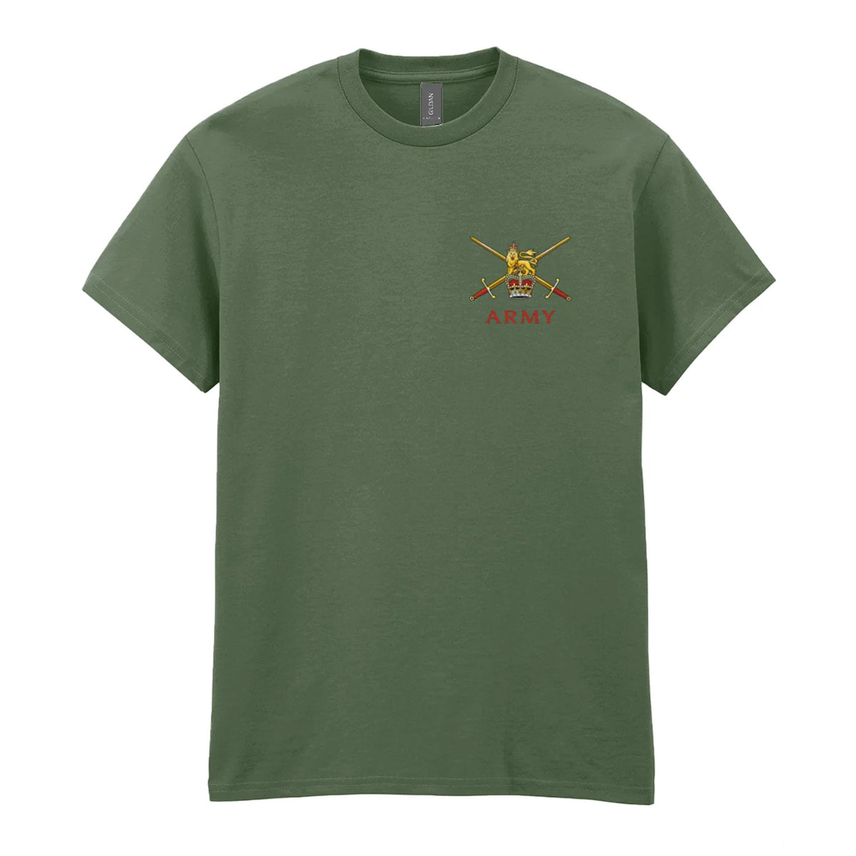 A military green t-shirt showing an MOD licensed British Army (Queen's Crown) insignia to left chest.