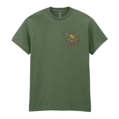 A military green t-shirt showing an MOD licensed British Army (Queen's Crown) insignia to left chest.