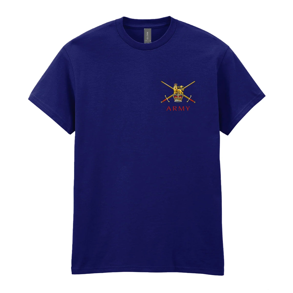 A navy t-shirt showing an MOD licensed British Army (Queen's Crown) insignia to left chest.
