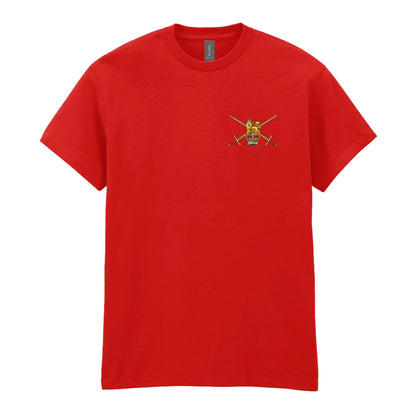 A red t-shirt showing an MOD licensed British Army (Queen's Crown) insignia to left chest.