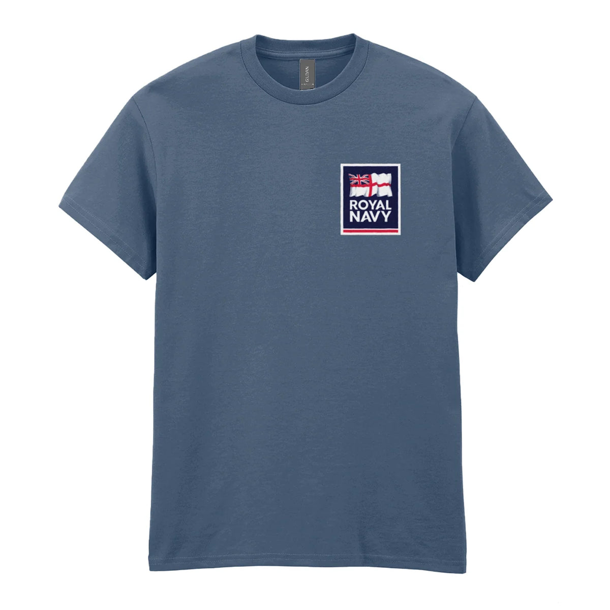 An indigo blue t-shirt showing an MOD licensed Royal Navy 'logo' to left chest.