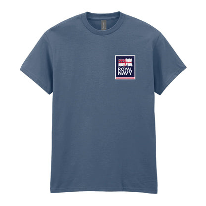 An indigo blue t-shirt showing an MOD licensed Royal Navy 'logo' to left chest.