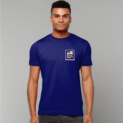A man wearing a navy t-shirt showing an MOD licensed Royal Navy 'logo' to left chest.