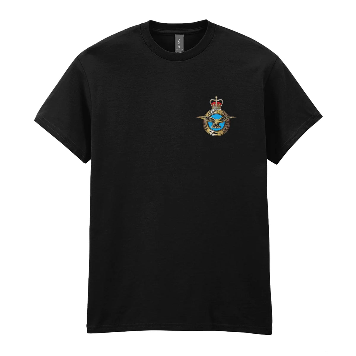 A black t-shirt showing an MOD licensed RAF (Queen's Crown) Insignia to left chest.