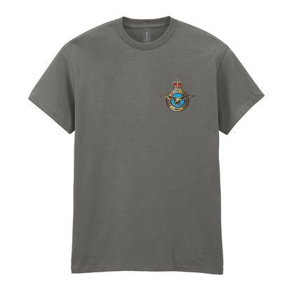 A charcoal t-shirt showing an MOD licensed RAF (Queen's Crown) Insignia to left chest.