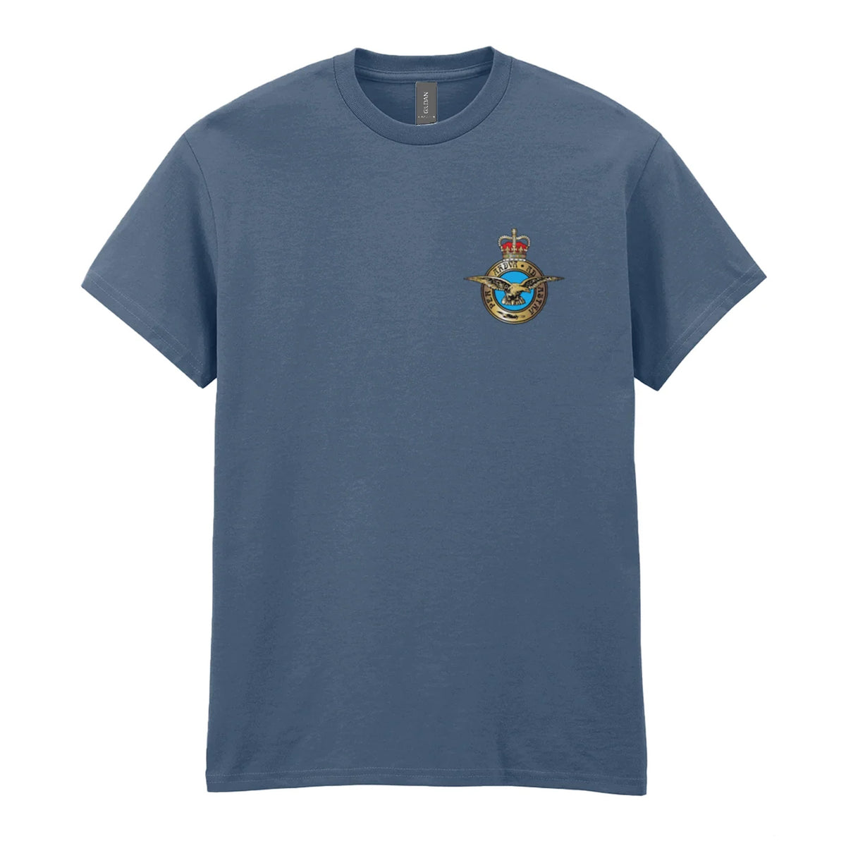 An indigo blue t-shirt showing an MOD licensed RAF (Queen's Crown) Insignia to left chest.