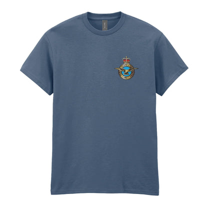 An indigo blue t-shirt showing an MOD licensed RAF (Queen's Crown) Insignia to left chest.