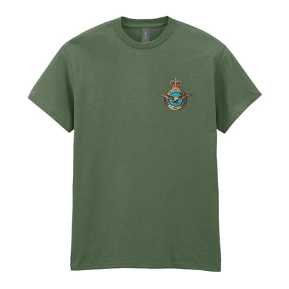 A military green t-shirt showing an MOD licensed RAF (Queen's Crown) Insignia to left chest.
