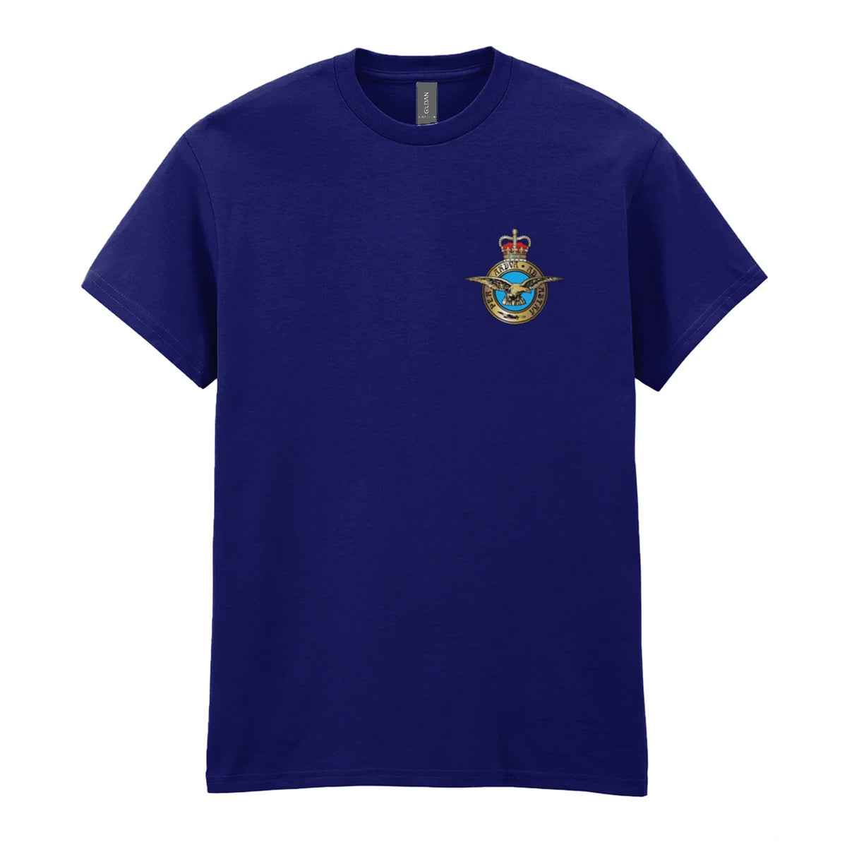 A navy t-shirt showing an MOD licensed RAF (Queen's Crown) Insignia to left chest.