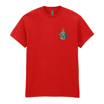 A red t-shirt showing an MOD licensed RAF (Queen's Crown) Insignia to left chest.