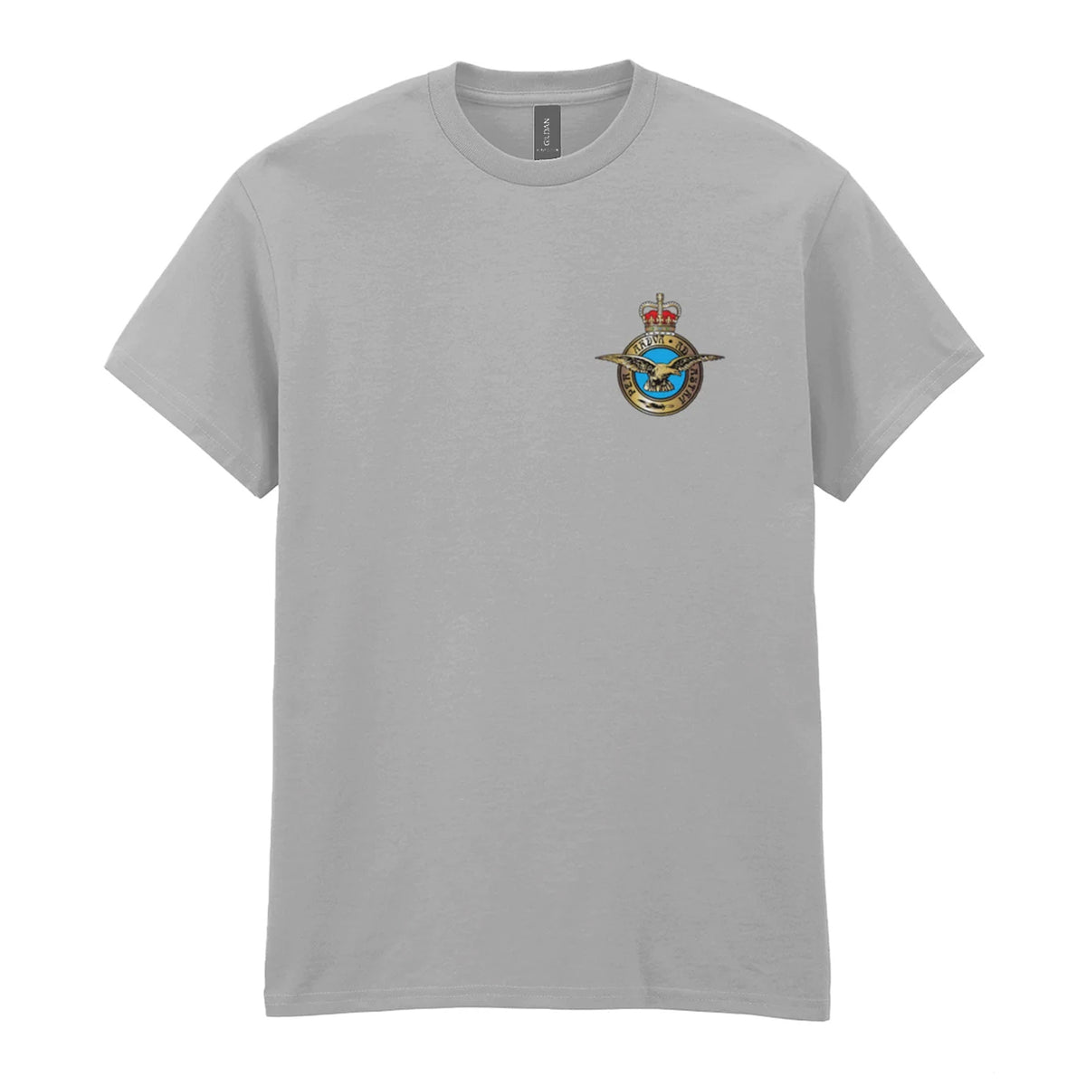 A sports grey t-shirt showing an MOD licensed RAF (Queen's Crown) Insignia to left chest.