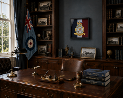A framed RAF Regiment (Queen's Crown) insignia displayed on a dark blue wall in a vintage, book-filled study with a wooden desk, leather chair, and military flag.