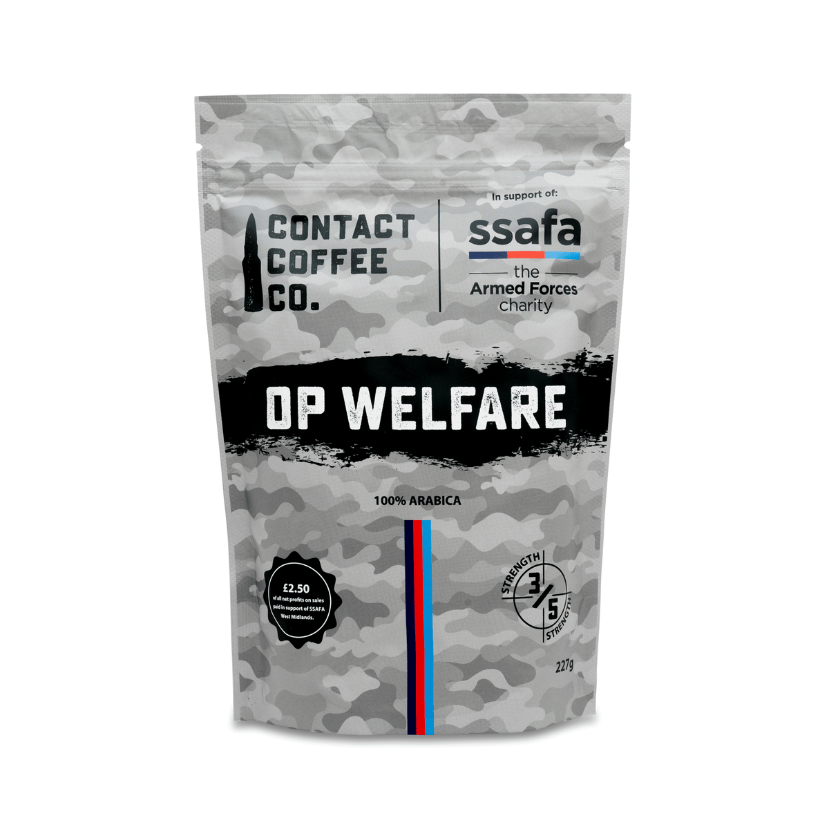 Contact Coffee Co. OP Welfare coffee package with SSAFA branding. On a white background