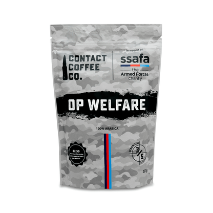 Contact Coffee Co. OP Welfare coffee package with SSAFA branding. On a white background