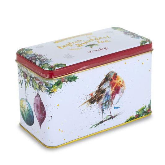 Christmas Robin Tea Tin by Nicola Rowles With 40 English Breakfast Teabags