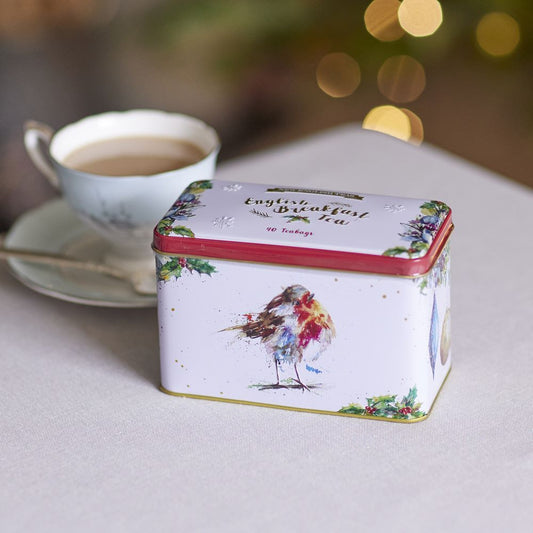 Christmas Robin Tea Tin by Nicola Rowles With 40 English Breakfast Teabags