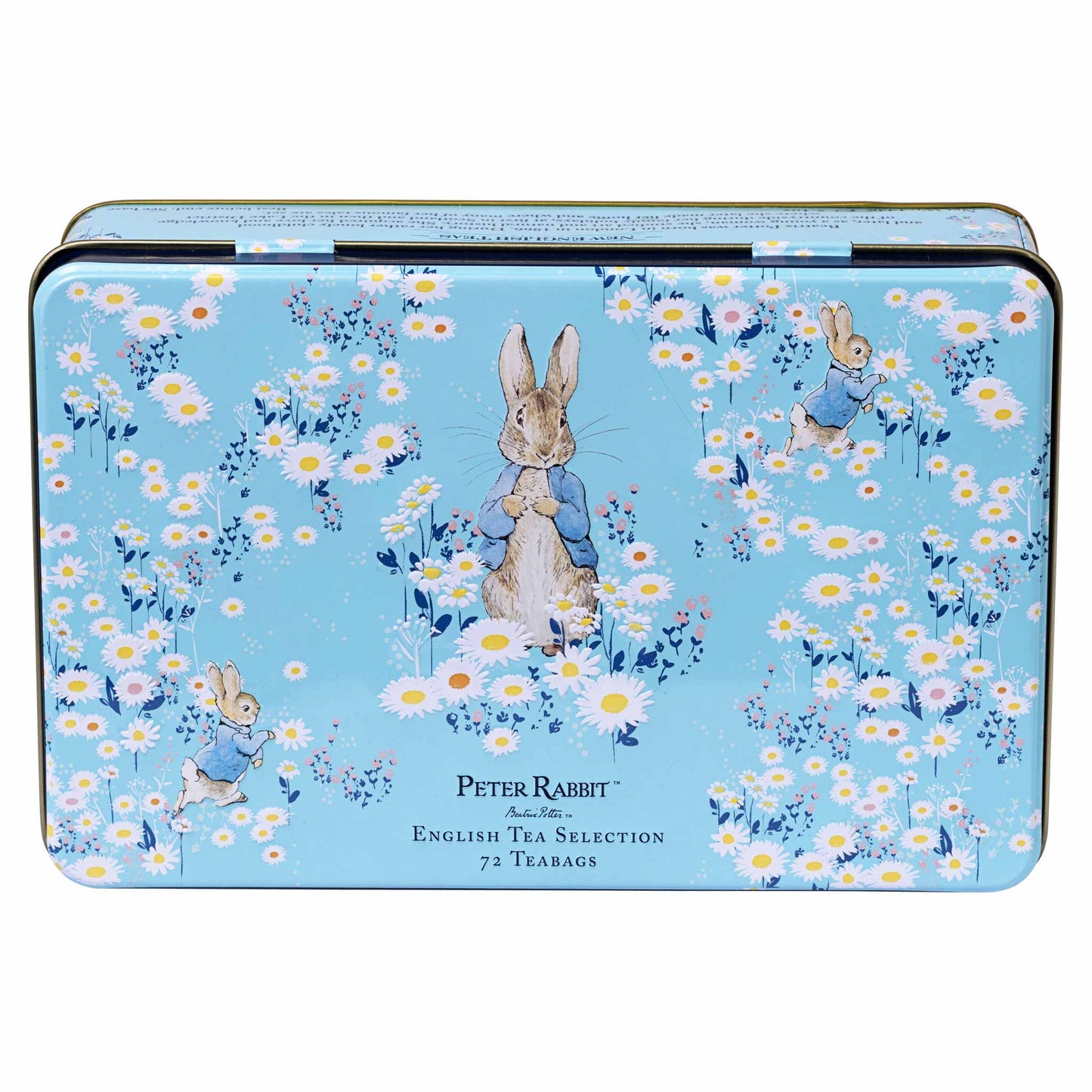 A rectangular blue tin box for Peter Rabbit English Tea Selection, featuring illustrations of Beatrix Potter's Peter Rabbit among white daisies and small blue flowers on a light blue background.