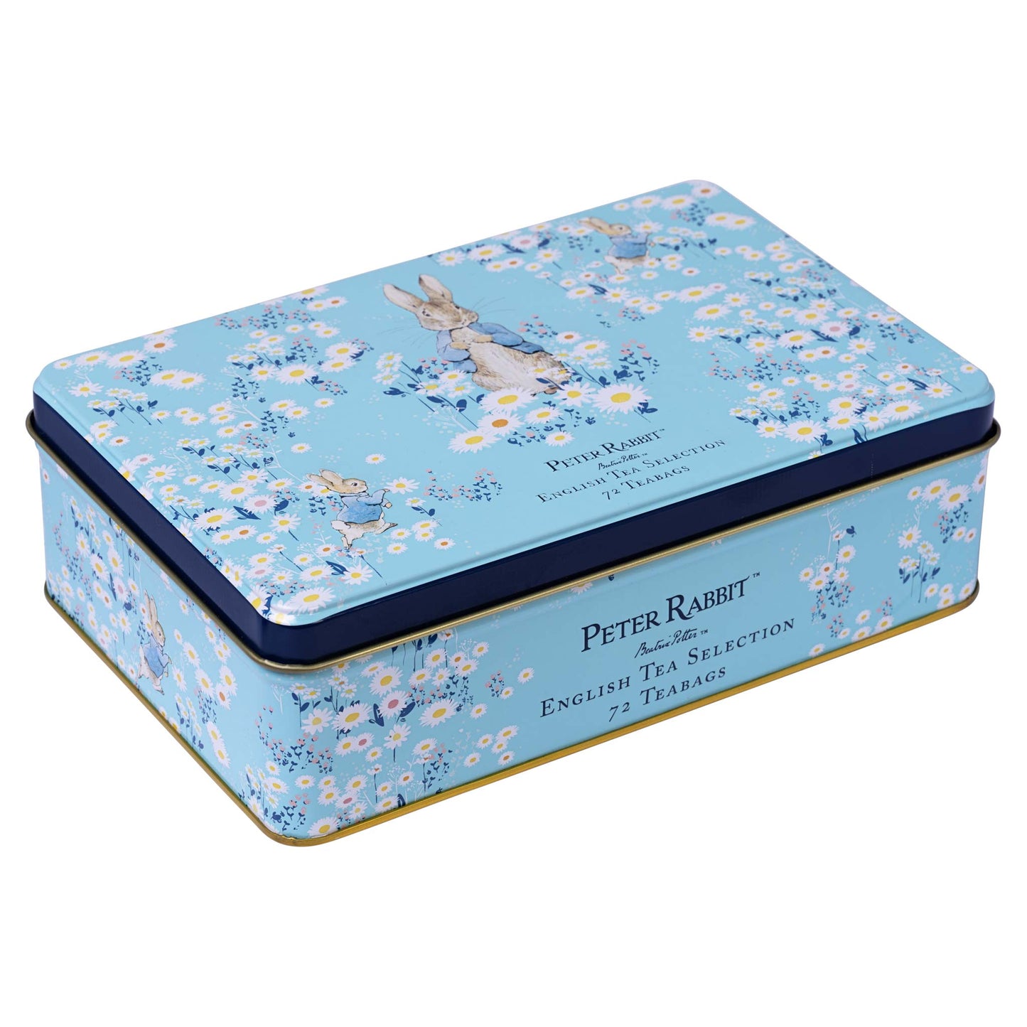 A rectangular metal tea tin for Peter Rabbit English Tea Selection, featuring a light blue floral pattern with Beatrix Potter characters and daisies, on a white background.