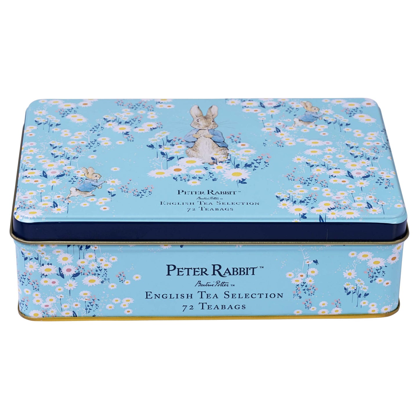 A Peter Rabbit branded rectangular metal tea tin with a light blue floral pattern and a small Peter Rabbit illustration on the lid, shown on a plain white background.